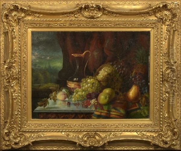 Still Life With Melons, Grapes, Pineapple, Pears, Apples, Nuts, Crystal Ewer And Exotic Linen Oil Painting by Francois Joseph Huygens