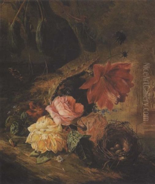 A Still Life With Roses, Other Flowers, A Butterfly And A Bird's Nest Oil Painting by Francois Joseph Huygens