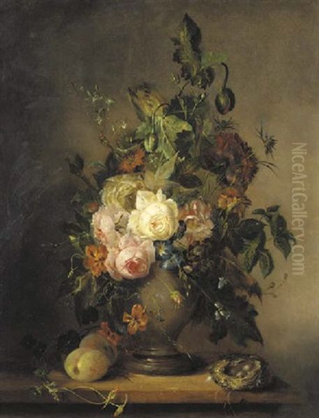 Roses, Tulips And Other Flowers In A Vase With Plums And A Bird's Next On A Wooden Ledge Oil Painting by Francois Joseph Huygens