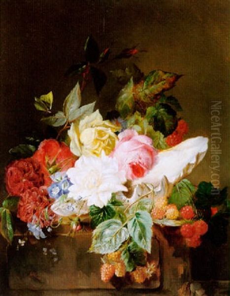 Still Life With Flowers And Berries And A Butterfly On A Stone Pillar Oil Painting by Francois Joseph Huygens