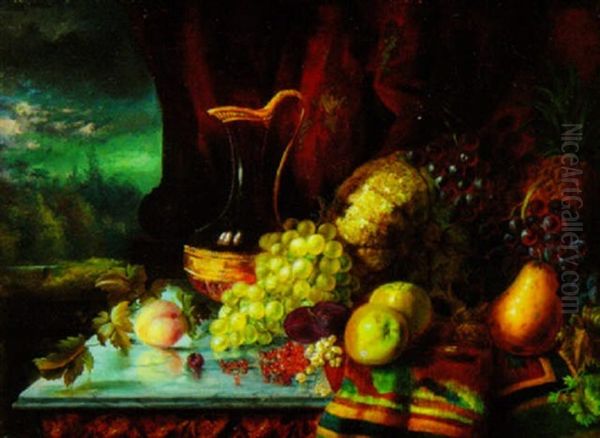 Still Life With Melons, Grapes, Pineapple, Pears, Apples, Nuts, Crystal Ewer And Exotic Linen Oil Painting by Francois Joseph Huygens