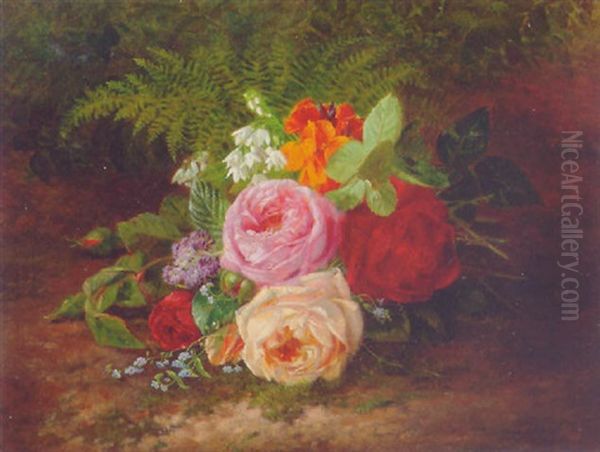 A Still Life With Roses, Forget-me-nots And Indian Cress Oil Painting by Francois Joseph Huygens