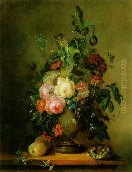 Roses, Morning Glory, Poppies And Tulips With Peaches And A Bird's Nest On A Wooden Ledge by Francois Joseph Huygens