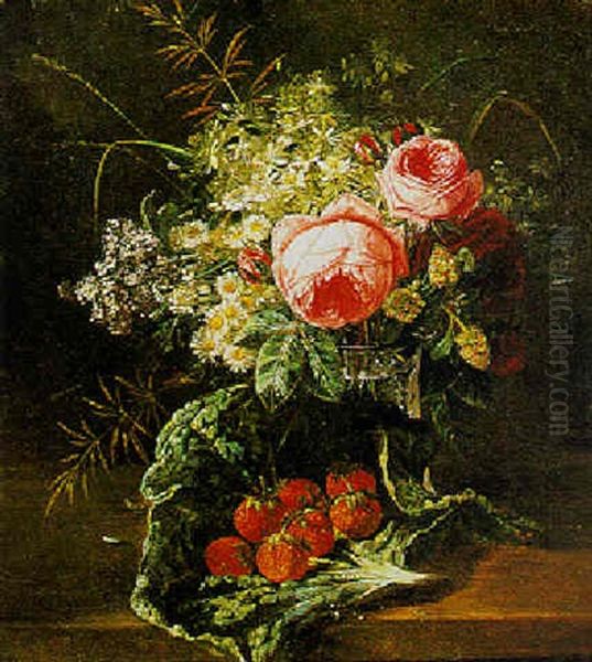 A Still Life With Peonies, Roses And Strawberries Oil Painting by Francois Joseph Huygens