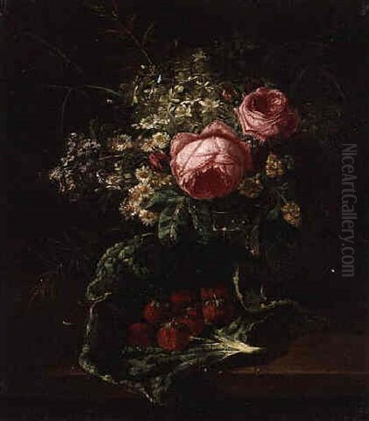 A Still Life With Peonies, Wildflowers And Strawberries Oil Painting by Francois Joseph Huygens