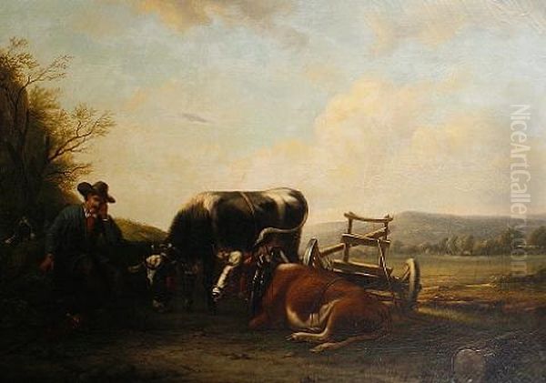 A Farmer With Oxen Resting Beside A Cart Oil Painting by Frederik Lodewyn Huygens