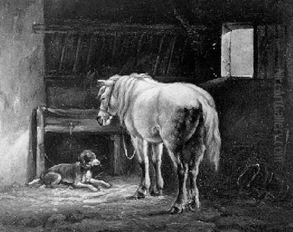 A Horse And A Dog In A Stable Oil Painting by Frederik Lodewyn Huygens