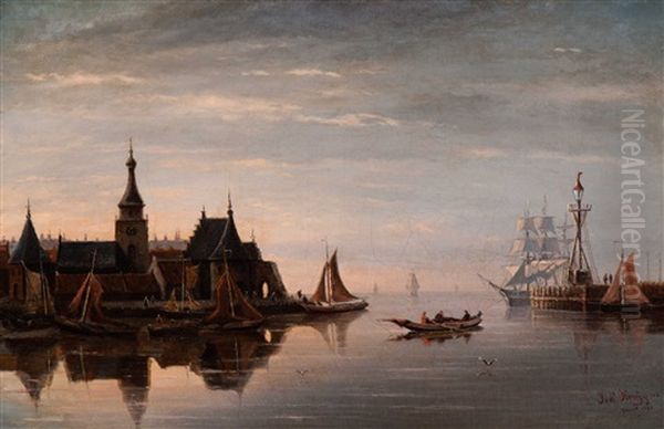 Ships In The Harbour Mouth Oil Painting by Johannes Huygens