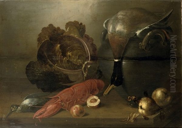 A Lobster, A Snipe, A Duck Lying On A Cauldron, Vegetables And Pears, All On A Wooden Table Oil Painting by Balthasar Huys