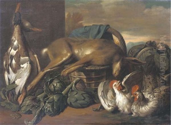 Game, Including Ducks And A Hare On A Basket, With Artichokes And Cockerels In A Landscape Oil Painting by Balthasar Huys