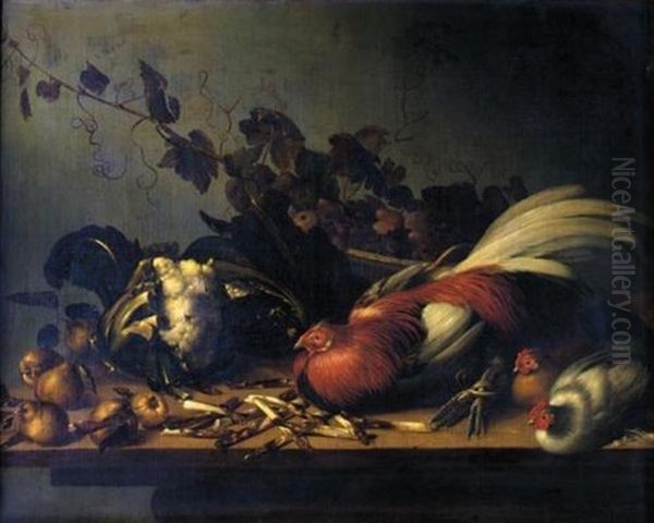 A Still Life Of Cockerel And Chicks On A Ledge Surrounded By Asparagus, Cauliflower And Pears Oil Painting by Balthasar Huys