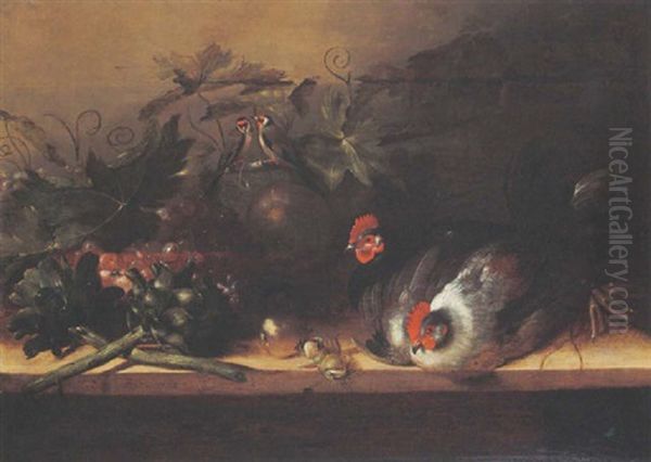 A Still Life With Two Hens, Artichokes, Grapes, Apples, A Pear, Hazelnuts, Two Finches, All On A Wooden Table Oil Painting by Balthasar Huys