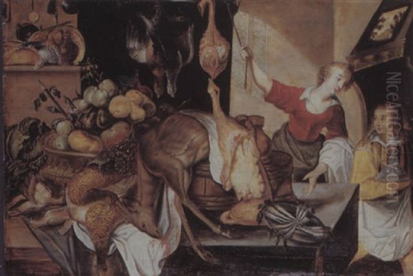 A Kitchen Interior With Two Servants Beside A Table Draped With Dead Game And A Basket Of Fruit Oil Painting by Balthasar Huys