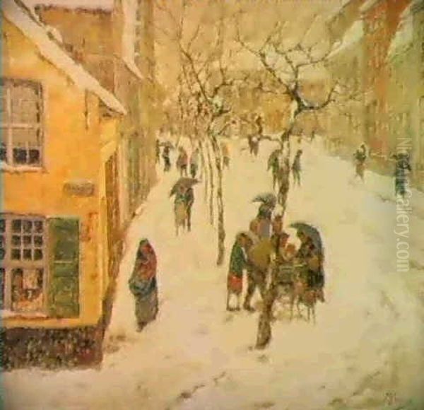 Vlaamsch Dorp In De Sneeuw. Village Flamand Sous La Neige. Oil Painting by Modest Huys