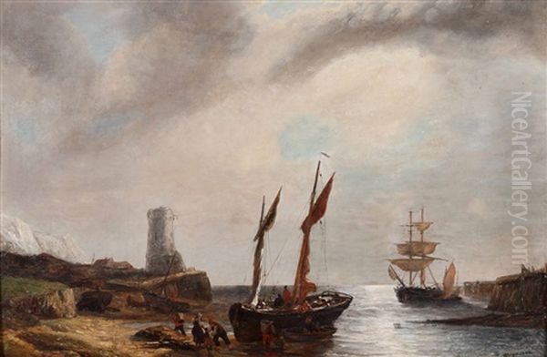 Veduta Costiera Con Barche E Pescatori Oil Painting by Albertus Hendricus Huysmann