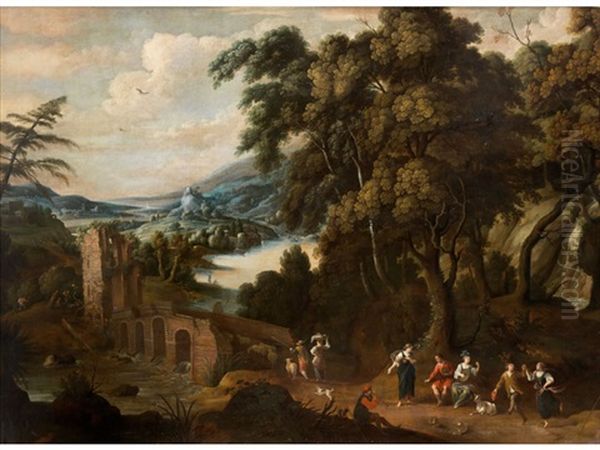 Baumlandschaft Mit Flusslauf, Ruine Und Figurenstaffage Oil Painting by Cornelis Huysmans