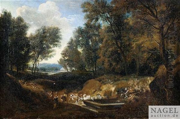 Bewaldete Landschaft Mit Hirten Und Tieren An Der Tranke Oil Painting by Cornelis Huysmans