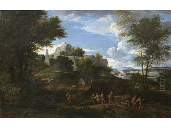 Travellers On A Country Path, Before An Italianate Landscape Oil Painting by Cornelis Huysmans