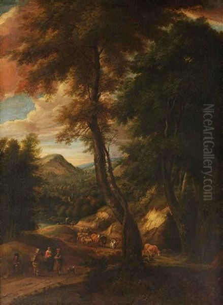 A Hilside Forest Landscape With Travellers And Cattle On A Path Oil Painting by Cornelis Huysmans