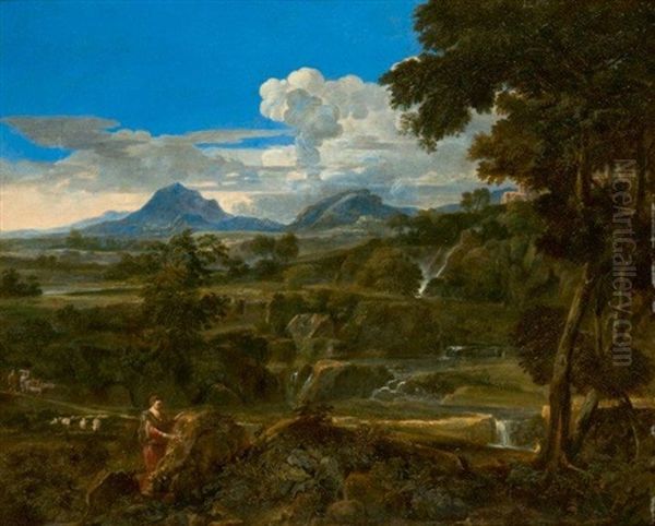 Personnage Portant Une Inscription Sur Un Rocher Dans Un Paysage Classique Oil Painting by Cornelis Huysmans