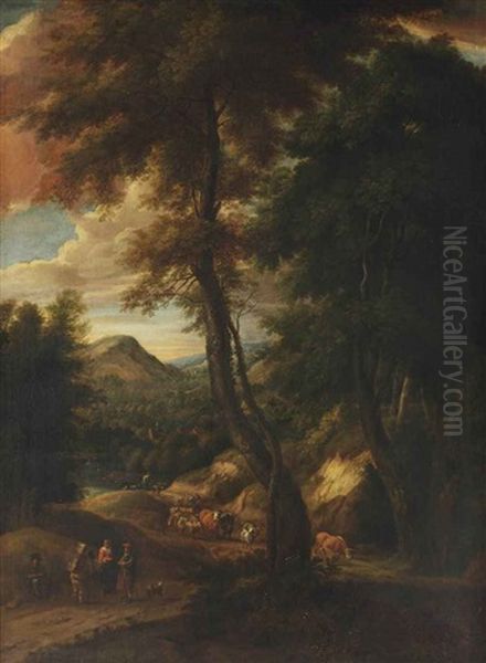 A Hilly Forest Landscape With Travellers And Cattle On A Path Oil Painting by Cornelis Huysmans