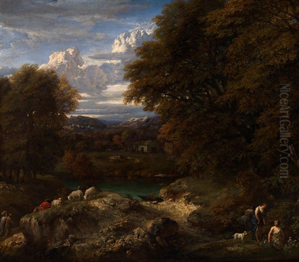 A Shepherd Boy Resting Near His Flock On A Sandy Bank In A Wooded River Landscape Oil Painting by Cornelis Huysmans