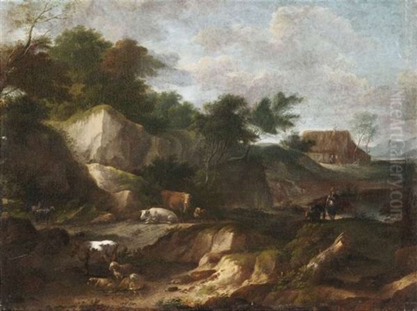 Bewaldete Felslandschaft Mit Hirten Und Herde, Im Hintergrund Ein Bauerngehoft Oil Painting by Cornelis Huysmans