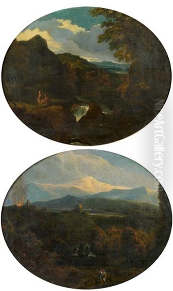 Paysage De Montagne Et De Cascade Anime De Promeneurs (+ Repos D'un Couple De Bergers Devant Une Cascade; Pair) Oil Painting by Cornelis Huysmans