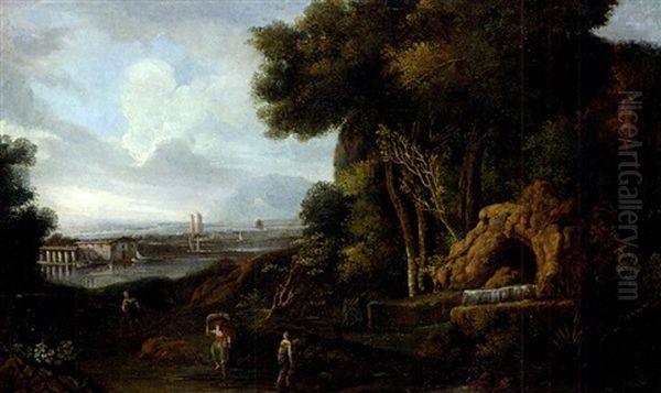 Landschaft Mit Felsgrotte, Im Hintergrund Fluss Und Stadt Oil Painting by Cornelis Huysmans