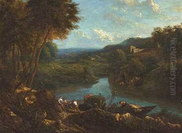 Fiskere Ved En Flod I Et Bjergrigt Landskab Oil Painting by Cornelis Huysmans