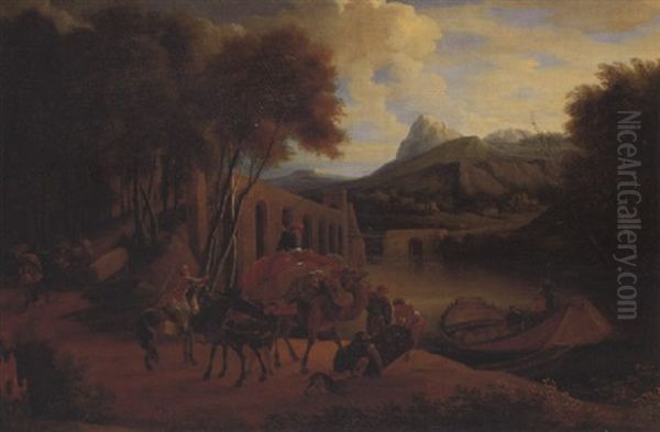 Le Chargement Du Navire Sur Fond De Paysage Italianisant Oil Painting by Cornelis Huysmans