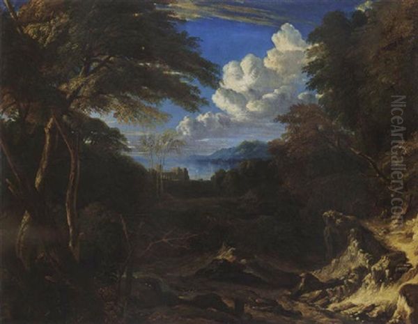 An Italianate Wooded Dune Landscape With A Bay Beyond Oil Painting by Cornelis Huysmans