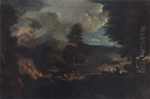 Berglandskap Med Herdar, Herdinna Och Boskop Oil Painting by Cornelis Huysmans