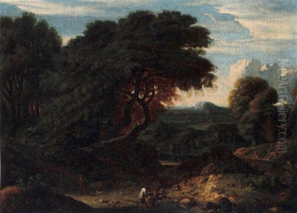 A Wooded Landscape With Shepherds Resting Near A Hill Oil Painting by Cornelis Huysmans