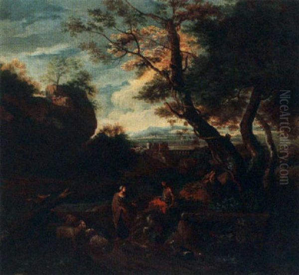 A Classical Wooded Landscape With Shepherds And Their Herd Near A River Oil Painting by Cornelis Huysmans