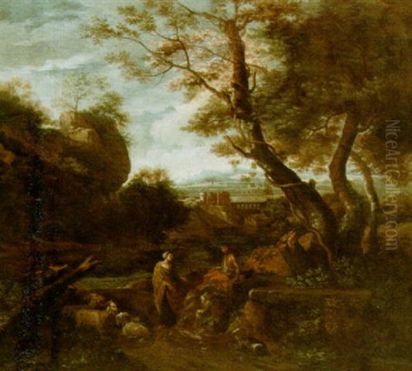 A Classical Wooded Landscape With Shepherds And Their Herd Near A River Oil Painting by Cornelis Huysmans