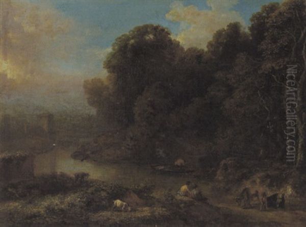 Bewaldete Flusslandschaft Mit Hirten Und Angler In Einem Boot Oil Painting by Cornelis Huysmans