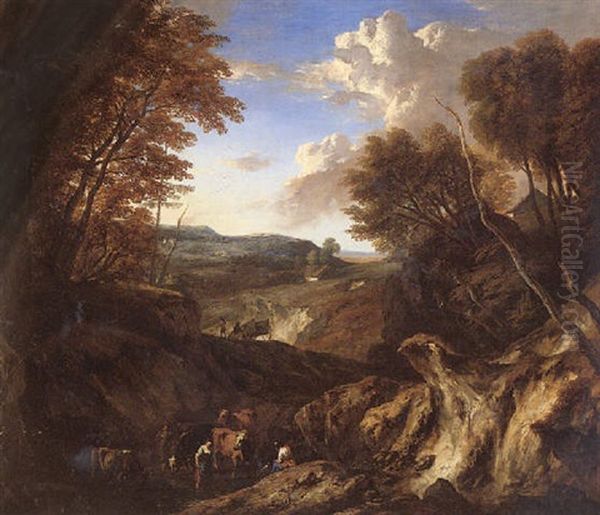 A Hilly Wooded Landscape With Peasants And Cattle At A Watering-hole Oil Painting by Cornelis Huysmans