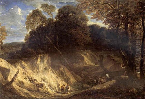 A Landscape With Travellers And Drovers On A Rocky Path At The Edge Of A Wood Oil Painting by Cornelis Huysmans