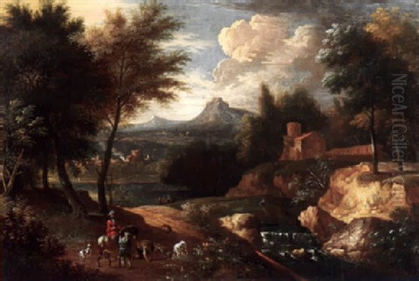 Sudliche Landschaft Mit Burg, Wasserfall Und Hirten Oil Painting by Cornelis Huysmans