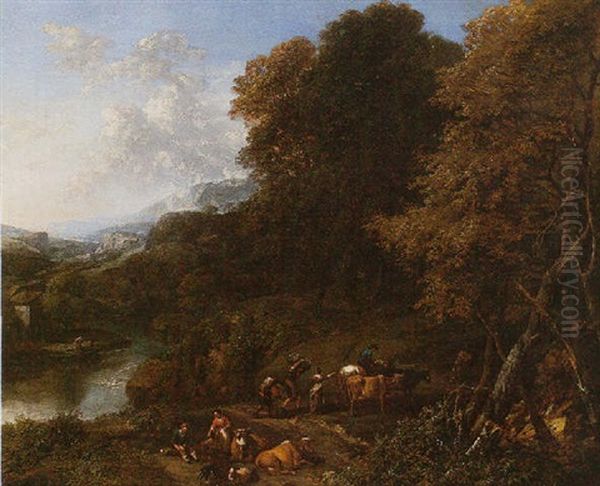 A Wooded River Valley Landscape With Drovers And Cattle Oil Painting by Cornelis Huysmans