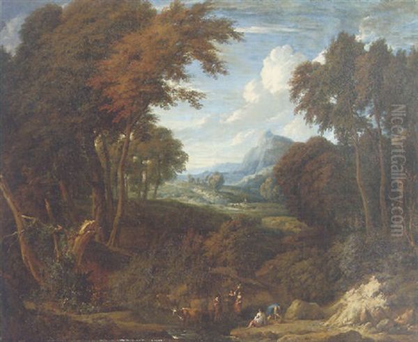 An Extensive Wooded Landscape With Herdsmen By A Stream Oil Painting by Cornelis Huysmans