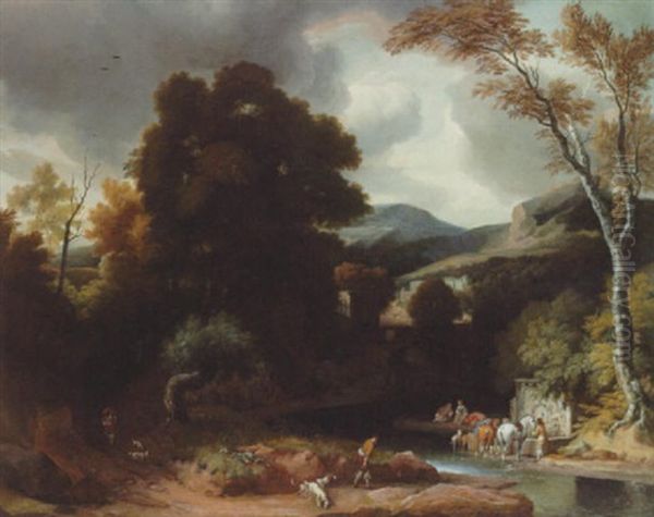 An Italianate River Landscape With A Hunting Party Resting By A Fountain Oil Painting by Cornelis Huysmans