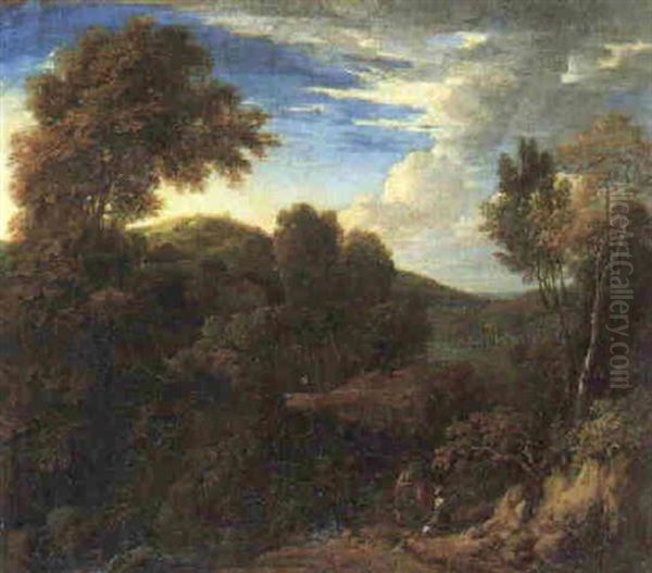 A Rocky Wooded Landscape With Figures Conversing On A Path Oil Painting by Cornelis Huysmans