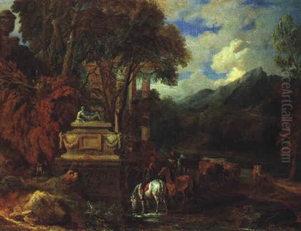 Ein Reiter Trankt Seine Pferde In Einer Landschaft, Vor Einem Antiken Monument Oil Painting by Cornelis Huysmans