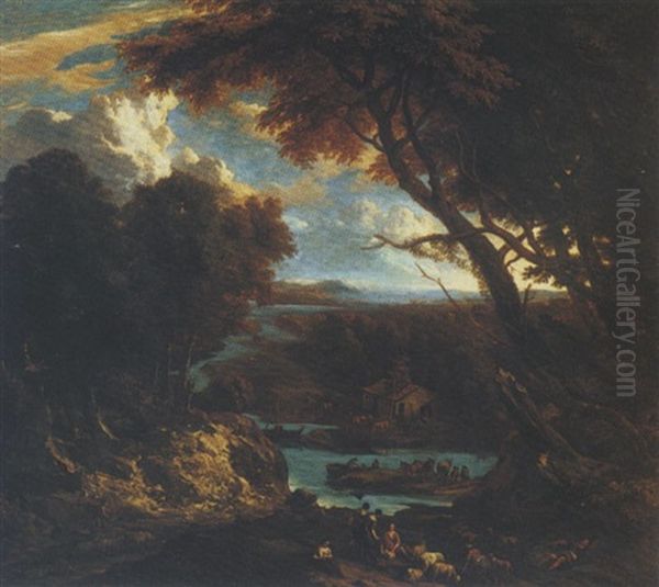 Italianate River Landscape With Figures And Cattle Oil Painting by Cornelis Huysmans