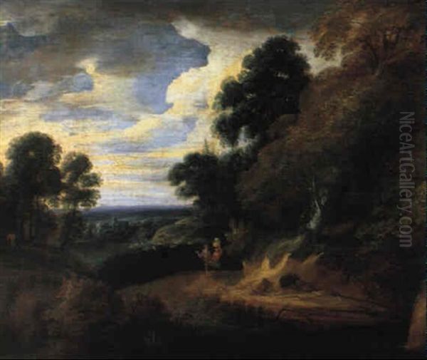 Weite, Bewaldete Landschaft Mit Reisenden Und Einem Hirten Oil Painting by Cornelis Huysmans