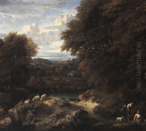 Wooded River Landscape With Figures On The Near Bank Oil Painting by Cornelis Huysmans