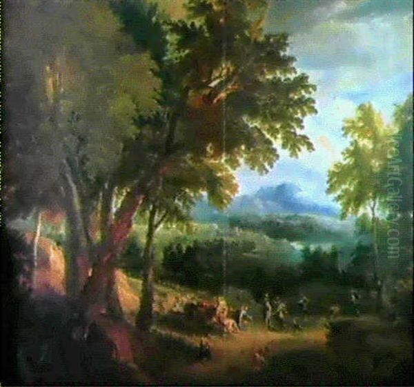 Grosse Waldlandschaft Mit Fernblick Auf Einen Fluss Und     Berge... Oil Painting by Cornelis Huysmans