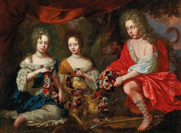 A Family Portrait Of Three Aristocratic Children With A Sheep Decorated With A Floral Wreath And A Dog Oil Painting by Jacob Huysmans